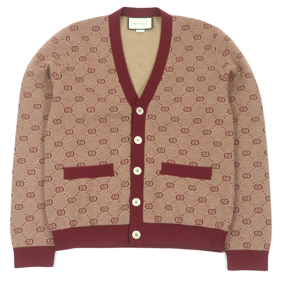 Excellent GUCCI sweater GG jacquard logo knit cardigan Bordeaux wool mens S 572631