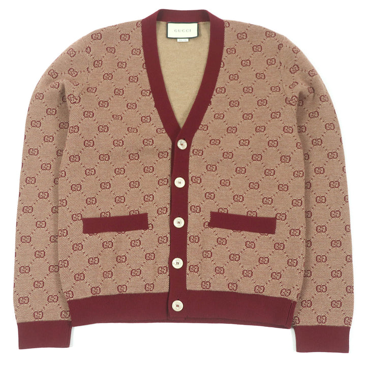 Excellent GUCCI sweater GG jacquard logo knit cardigan Bordeaux wool mens S 572631