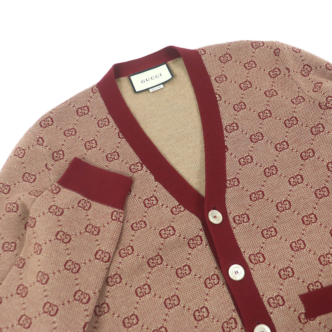 Excellent GUCCI sweater GG jacquard logo knit cardigan Bordeaux wool mens S 572631