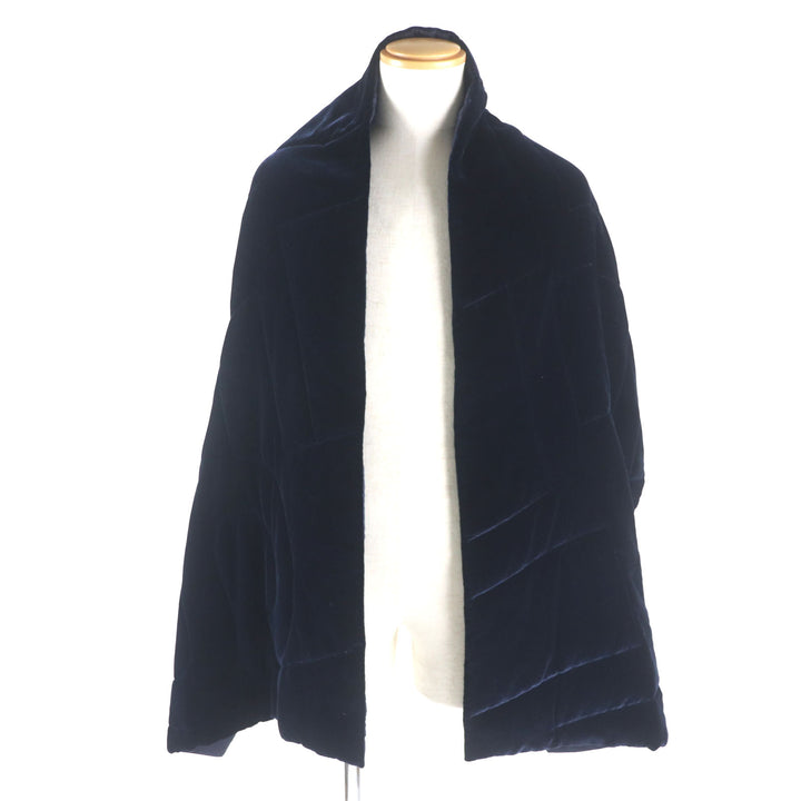 Excellent HERMES shawl Velour logo quilted padded large scarf blanket Navy silk