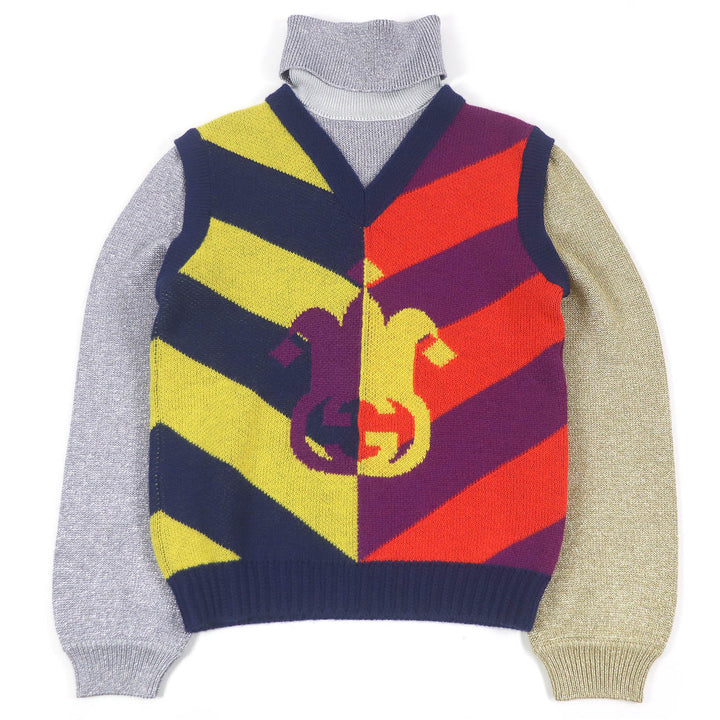 Excellent GUCCI sweater GG logo jacquard turtleneck multicolor mens S 724770