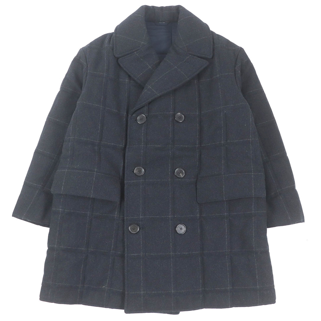 Excellent HERMES Chester coat Check Pattern Double Breasted Padded Navy wool mens 48