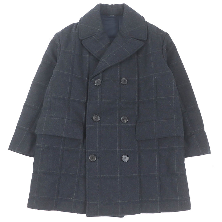 Excellent HERMES Chester coat Check Pattern Double Breasted Padded Navy wool mens 48