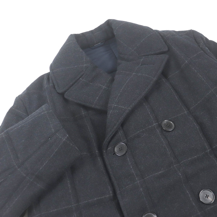 Excellent HERMES Chester coat Check Pattern Double Breasted Padded Navy wool mens 48