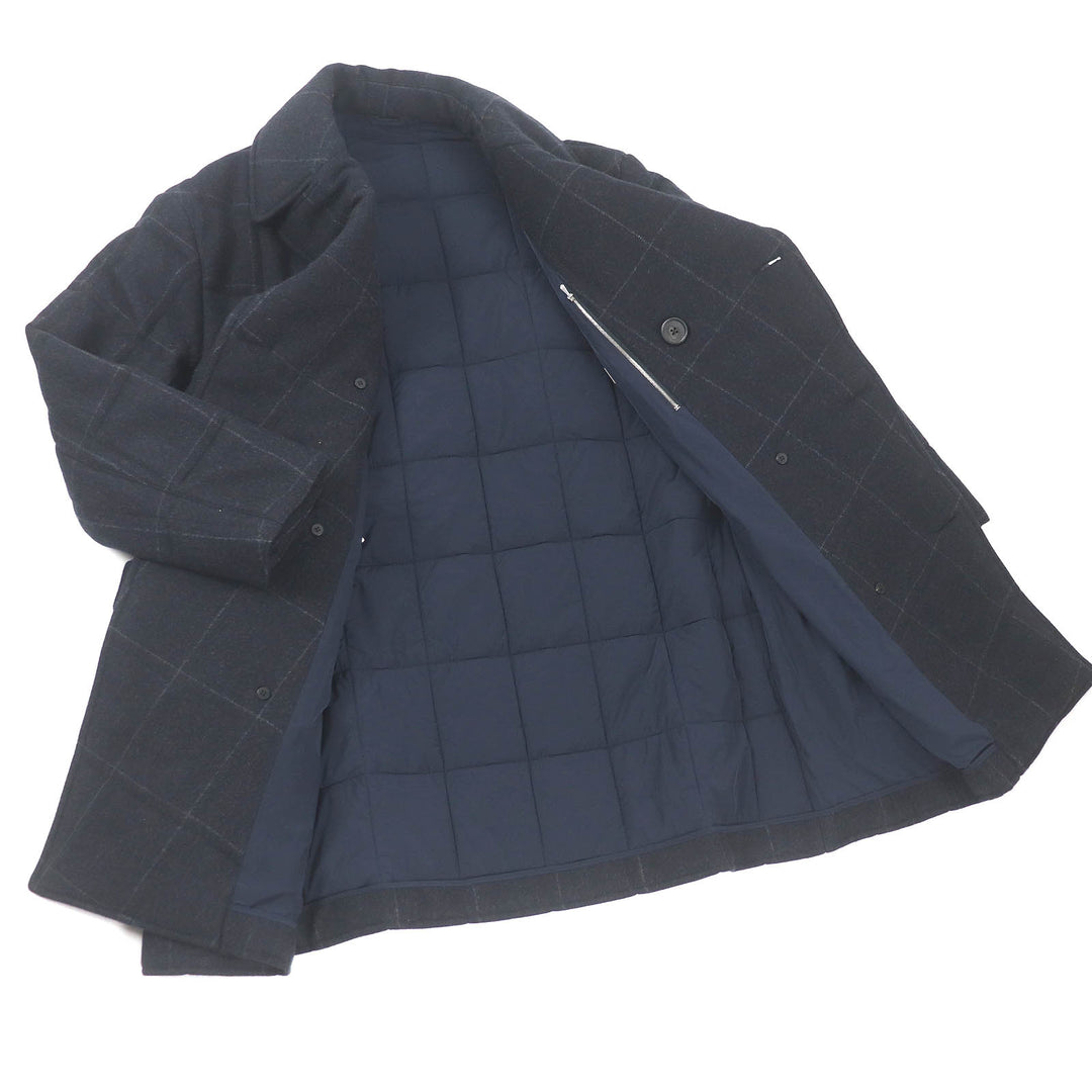Excellent HERMES Chester coat Check Pattern Double Breasted Padded Navy wool