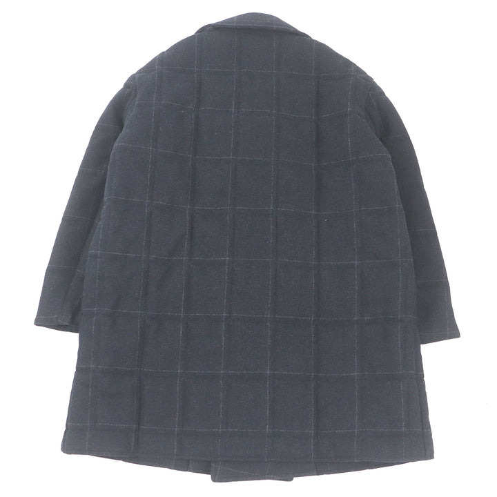 Excellent HERMES Chester coat Check Pattern Double Breasted Padded Navy wool mens 48