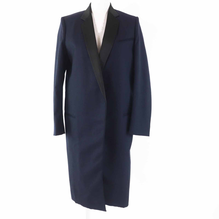 Great CELINE coat Phoebe Philo Satin Lapel Crombie Navyblack wool Women 34 2 8H28/5065