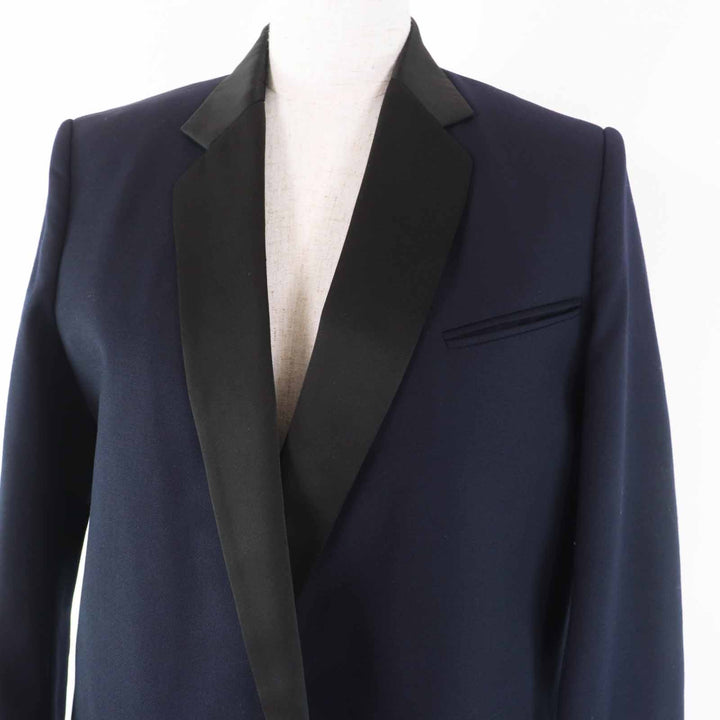 Great CELINE coat Phoebe Philo Satin Lapel Crombie Navyblack wool Women 34 2 8H28/5065