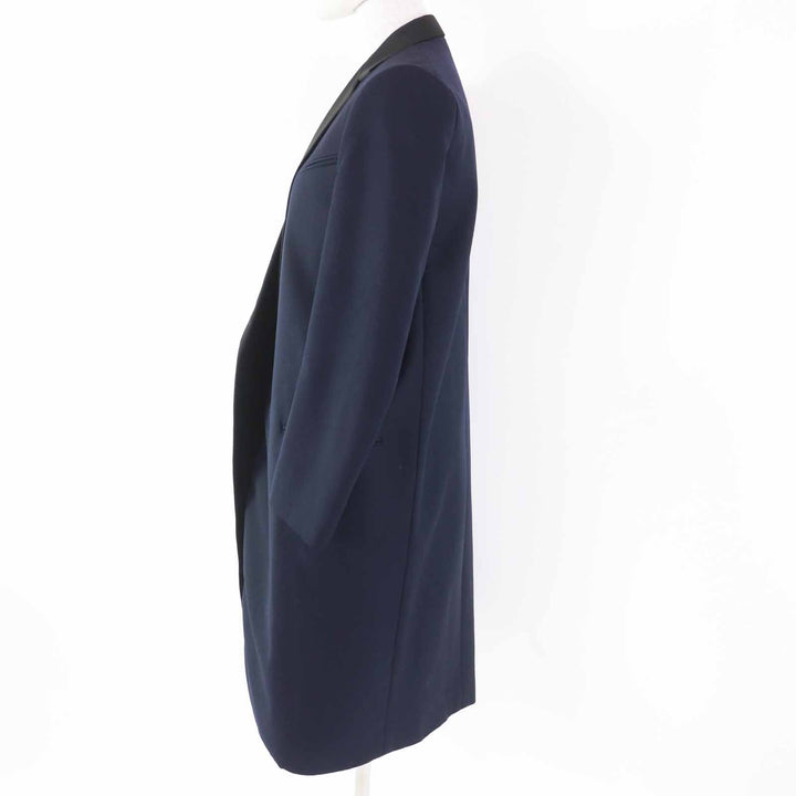 Great CELINE coat Phoebe Philo Satin Lapel Crombie Navyblack wool Women 34 2 8H28/5065