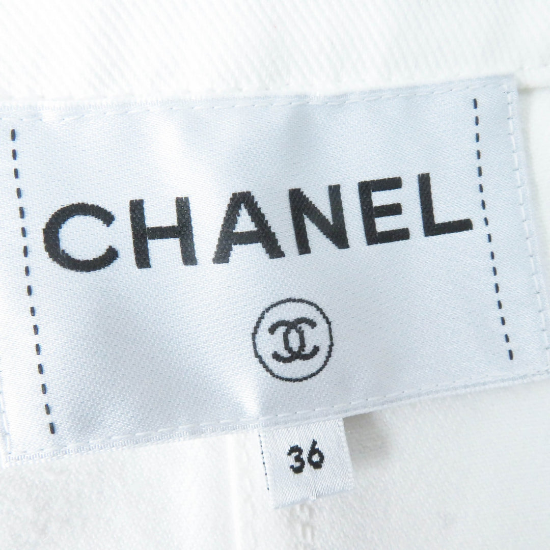 Excellent CHANEL Denim Jacket COCO Mark button, camellia embossed, white Women 36 P70204