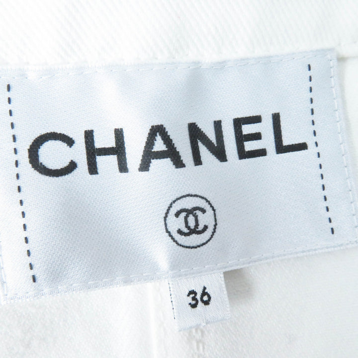 Excellent CHANEL Denim Jacket COCO Mark button, camellia embossed, white Women 36 P70204