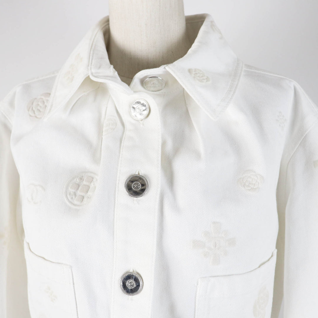 Excellent CHANEL Denim Jacket COCO Mark button, camellia embossed, white Women 36 P70204