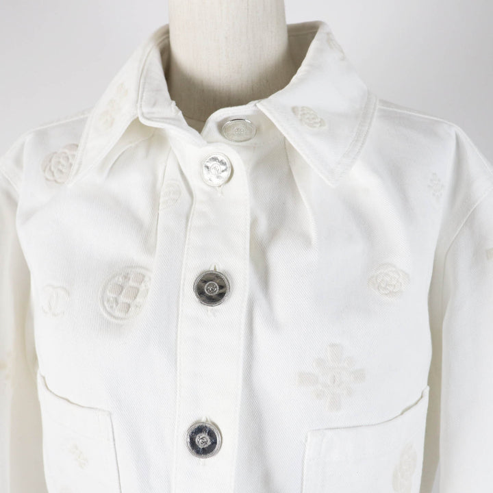Excellent CHANEL Denim Jacket COCO Mark button, camellia embossed, white Women 36 P70204