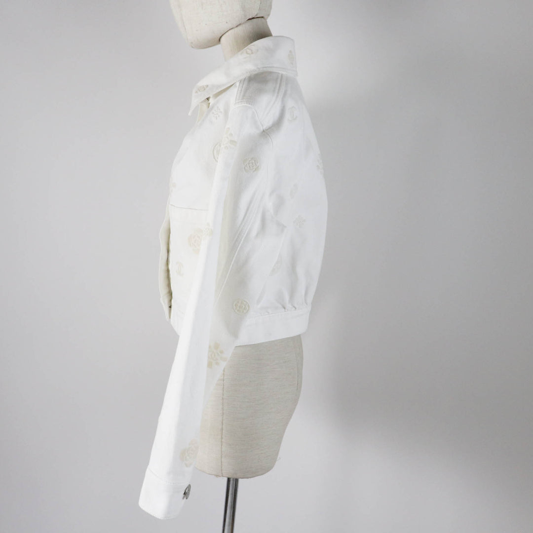 Excellent CHANEL Denim Jacket COCO Mark button, camellia embossed, white Women 36 P70204