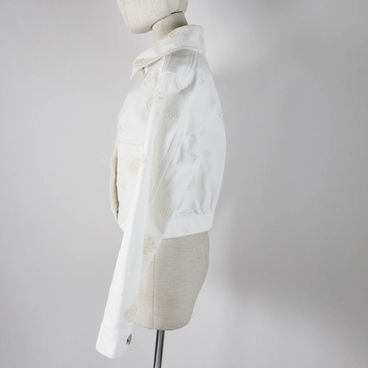 Excellent CHANEL Denim Jacket COCO Mark button, camellia embossed, white Women 36 P70204