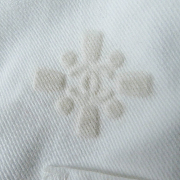 Excellent CHANEL Denim Jacket COCO Mark button, camellia embossed, white Women 36 P70204