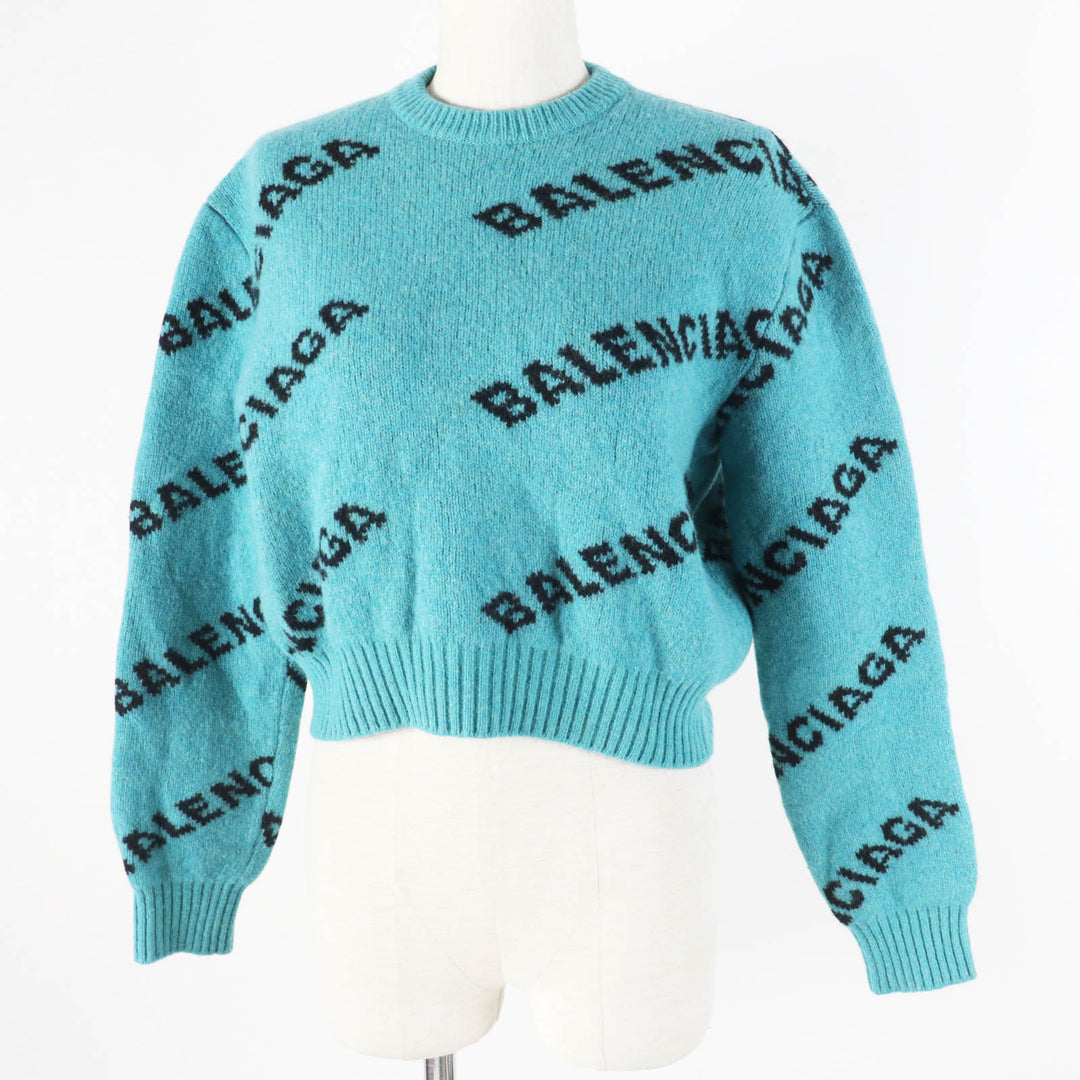 Great BALENCIAGA knit Jacquard logo cropped length green wool Women 34 529208