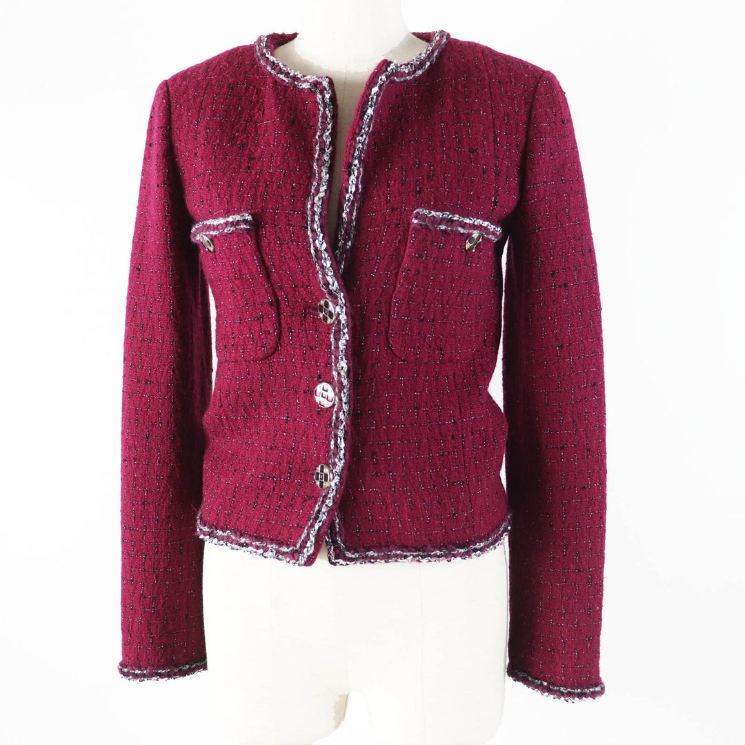 Great CHANEL Jacket Burgundy Black White wool Women 34 22A P73183