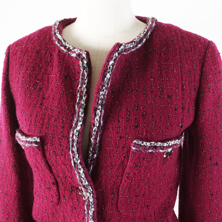 Great CHANEL Jacket Burgundy Black White wool Women 34 22A P73183
