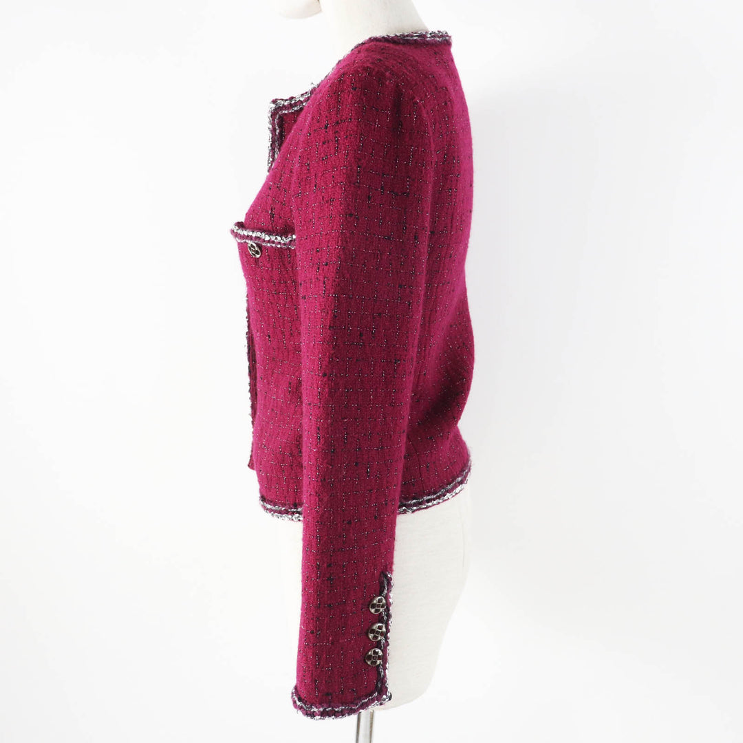Great CHANEL Jacket Burgundy Black White wool Women 34 22A P73183