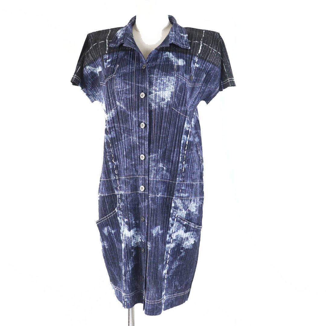 Excellent PLEATS PLEASE one piece Denim Transfer Print Short Sleeve Indigo blue