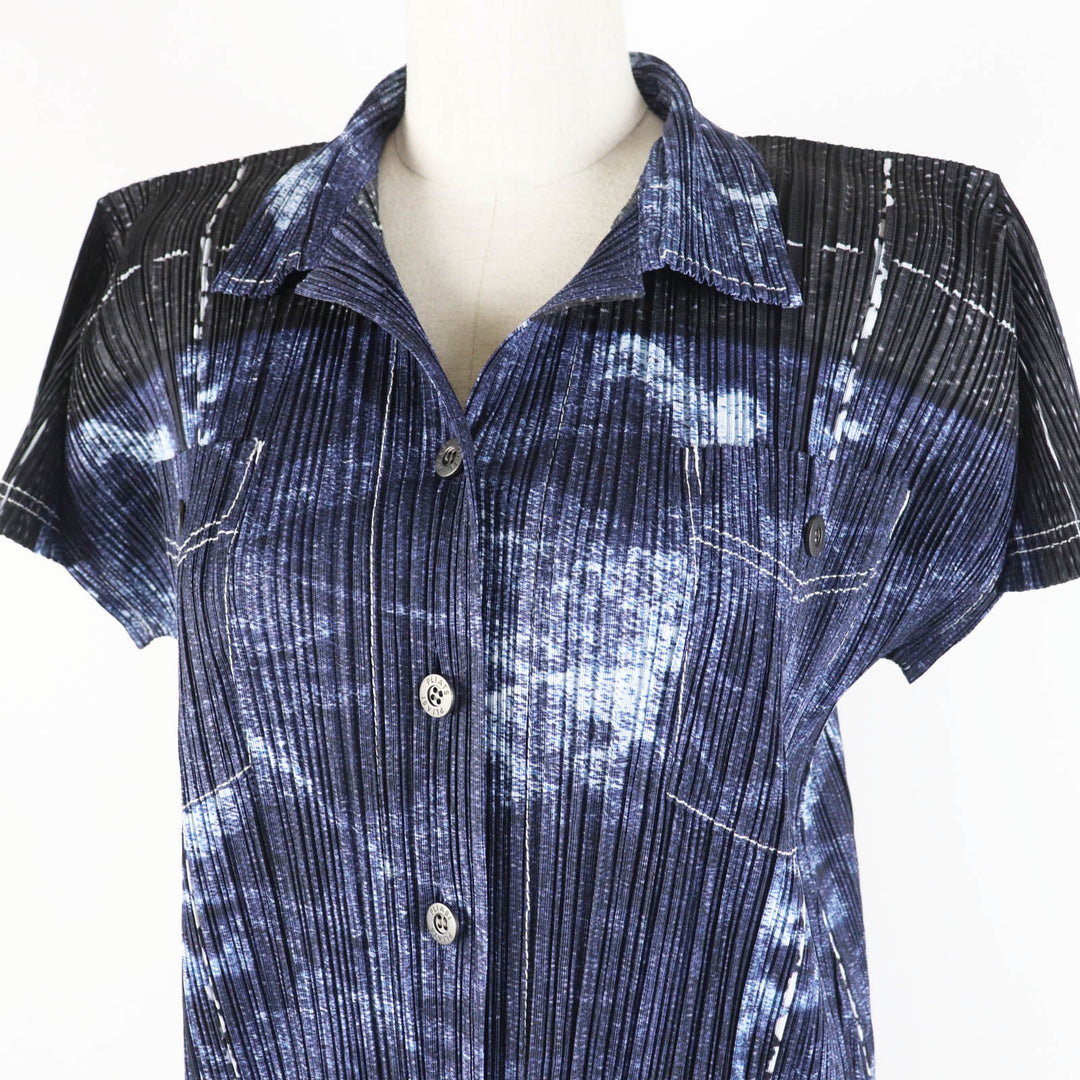 Excellent PLEATS PLEASE one piece Denim Transfer Print Short Sleeve Indigo blue