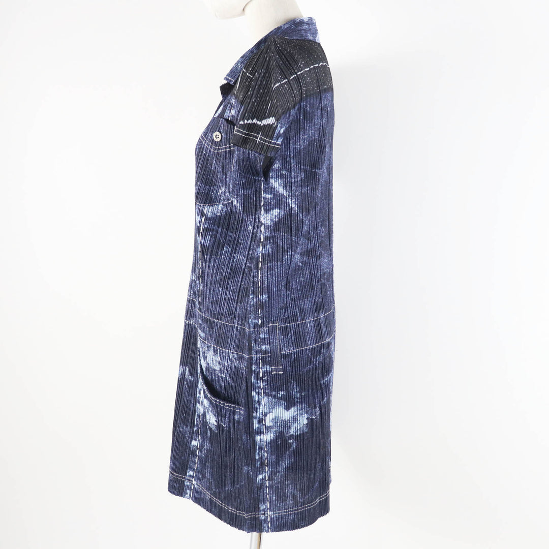 Excellent PLEATS PLEASE one piece Denim Transfer Print Short Sleeve Indigo blue