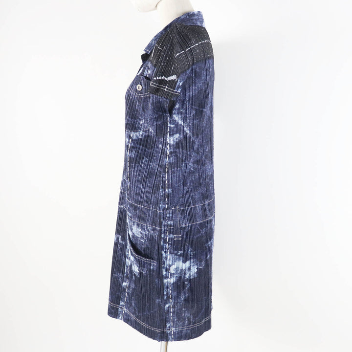 Excellent PLEATS PLEASE one piece Denim Transfer Print Short Sleeve Indigo blue