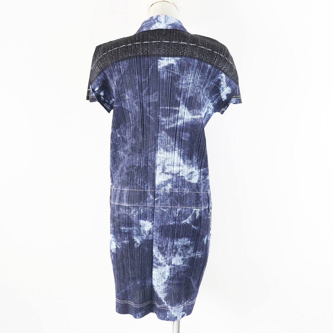 Excellent PLEATS PLEASE one piece Denim Transfer Print Short Sleeve Indigo blue