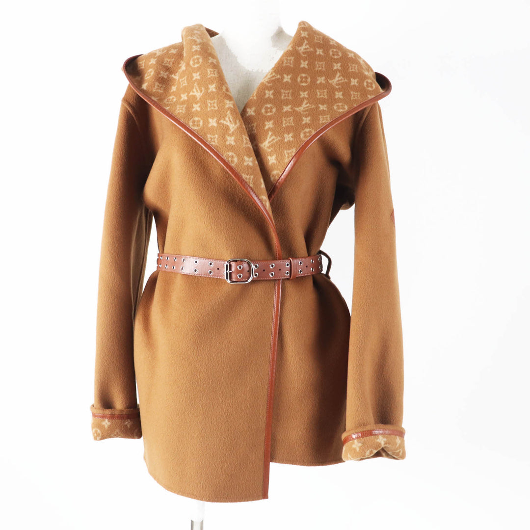 LOUIS VUITTON coat Monogram Pattern Hooded Wrap Camel wool Women 42 1A8262