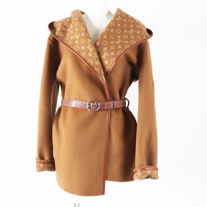 LOUIS VUITTON coat Monogram Pattern Hooded Wrap Camel wool Women 42 1A8262