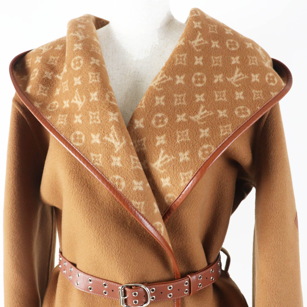 LOUIS VUITTON coat Monogram Pattern Hooded Wrap Camel wool Women 42 1A8262