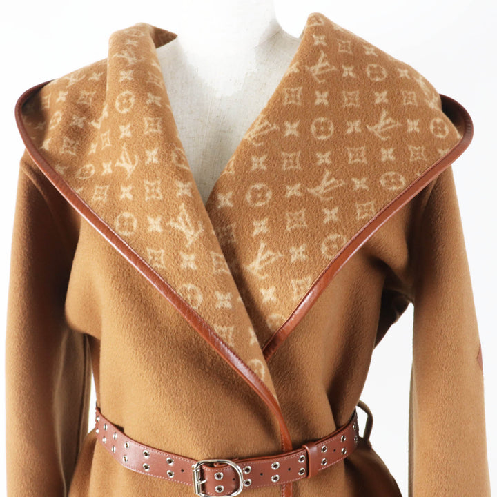 LOUIS VUITTON coat Monogram Pattern Hooded Wrap Camel wool Women 42 1A8262