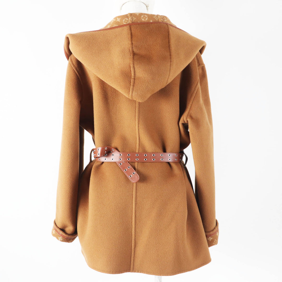LOUIS VUITTON coat Monogram Pattern Hooded Wrap Camel wool Women 42 1A8262
