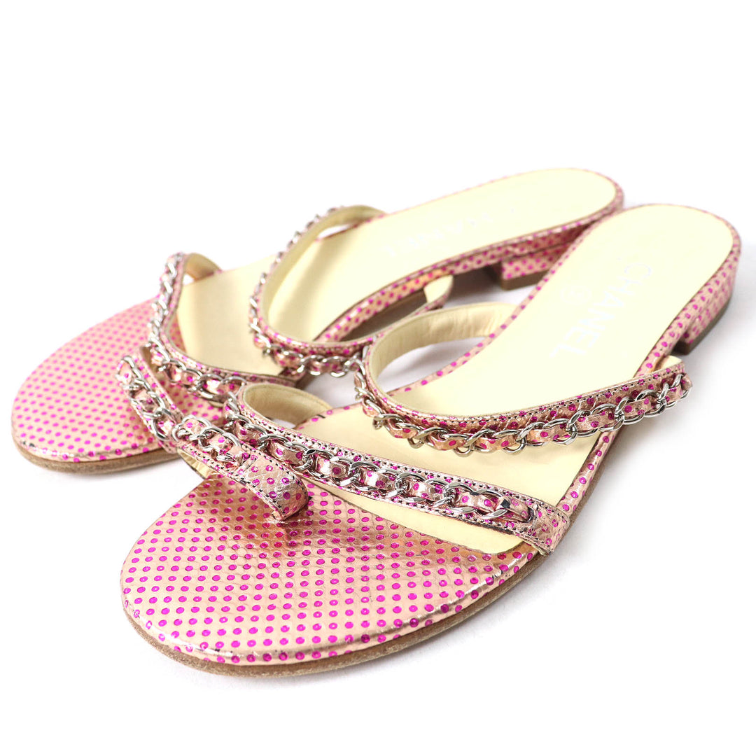 Great CHANEL Mule COCO MarkMetal Dot Pattern Chain Flat Sandals Pink Women 35.5