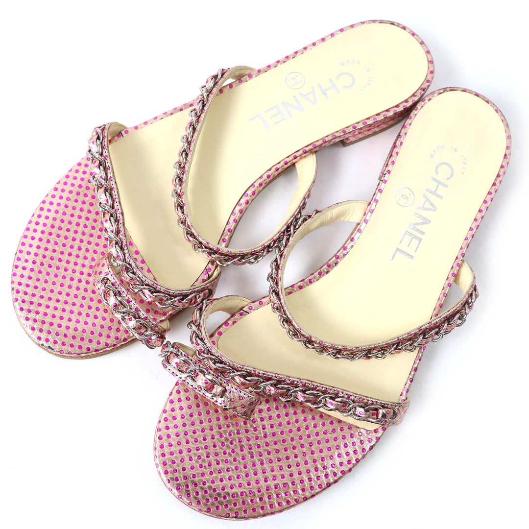Great CHANEL Mule COCO MarkMetal Dot Pattern Chain Flat Sandals Pink Women 35.5