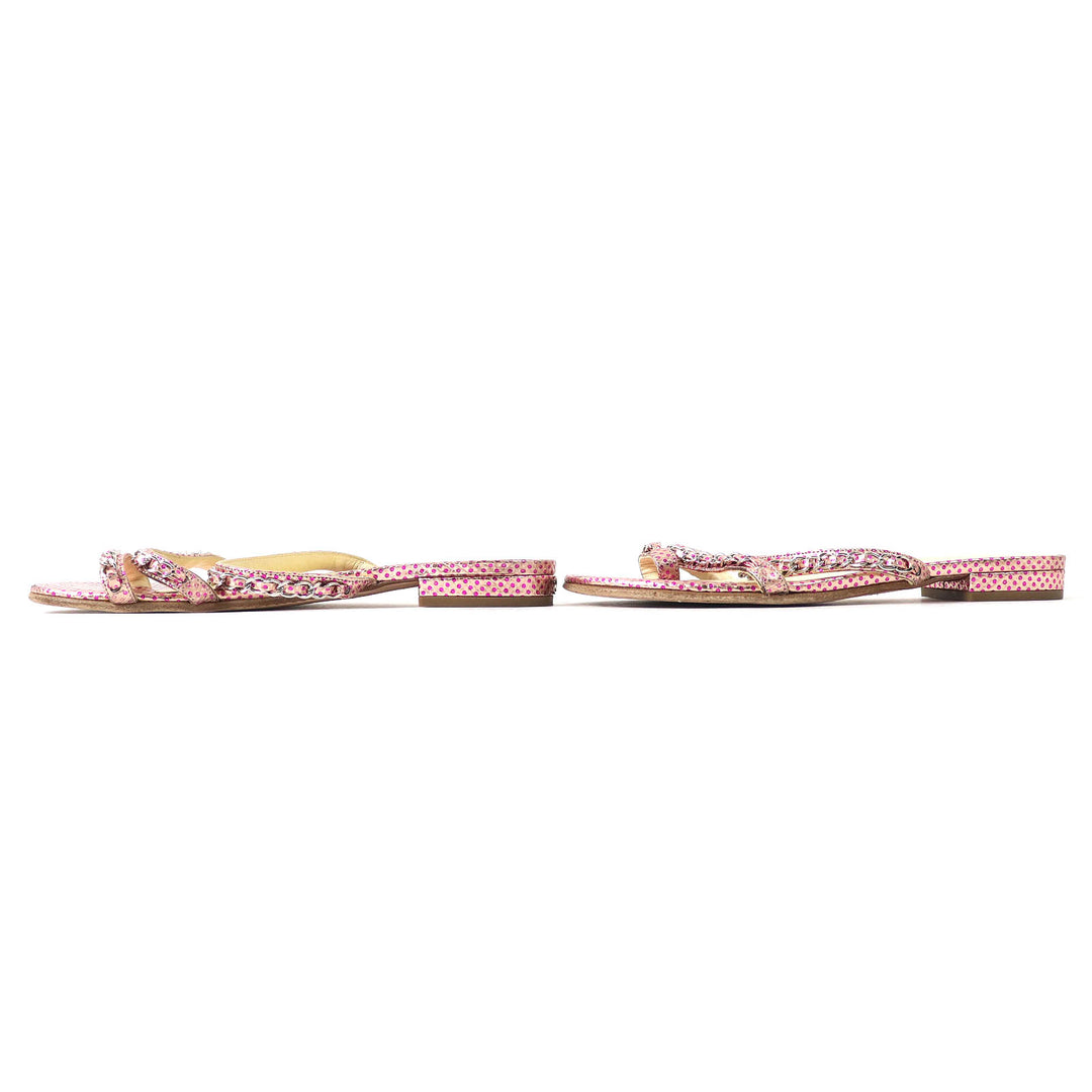 Great CHANEL Mule COCO MarkMetal Dot Pattern Chain Flat Sandals Pink Women 35.5