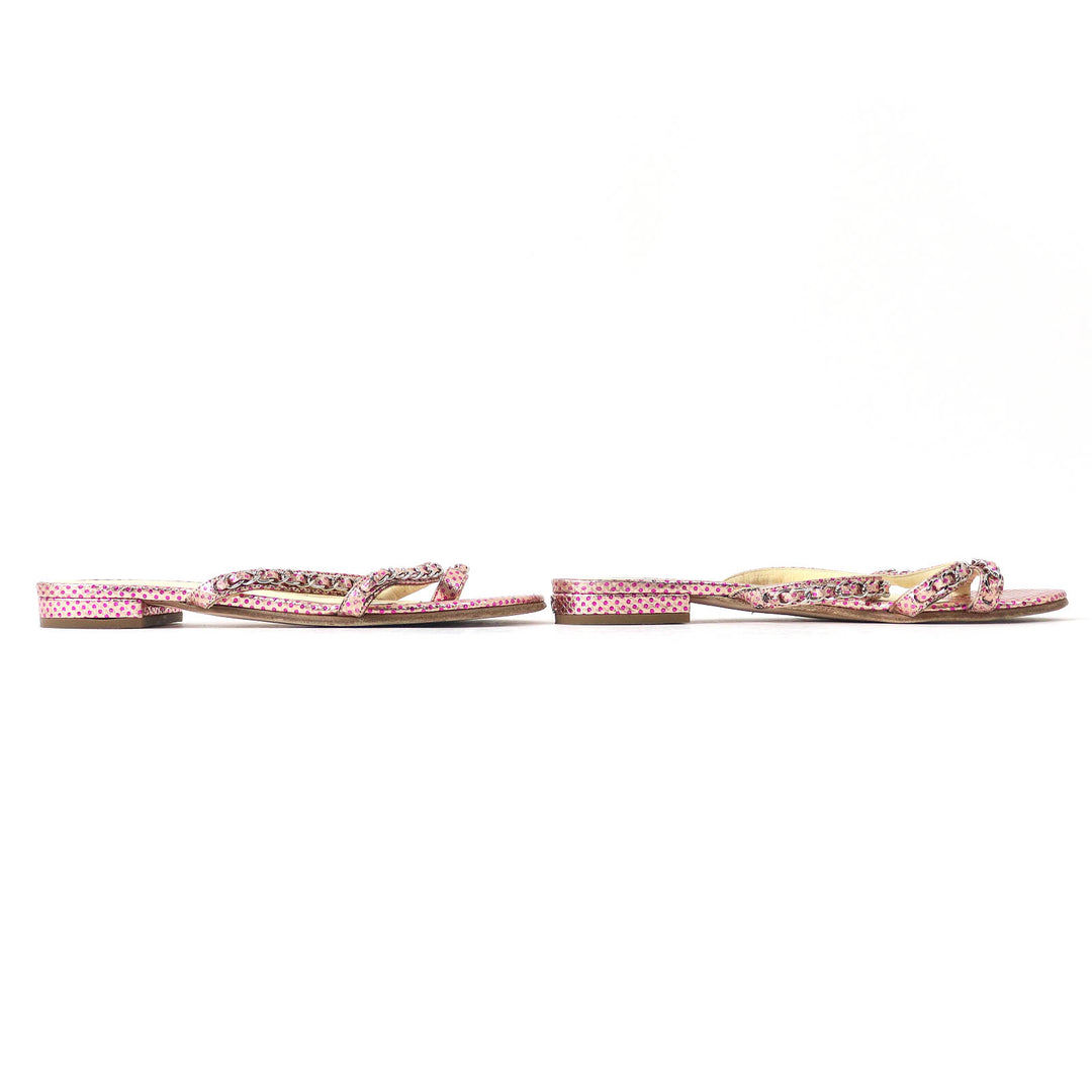 Great CHANEL Mule COCO MarkMetal Dot Pattern Chain Flat Sandals Pink Women 35.5