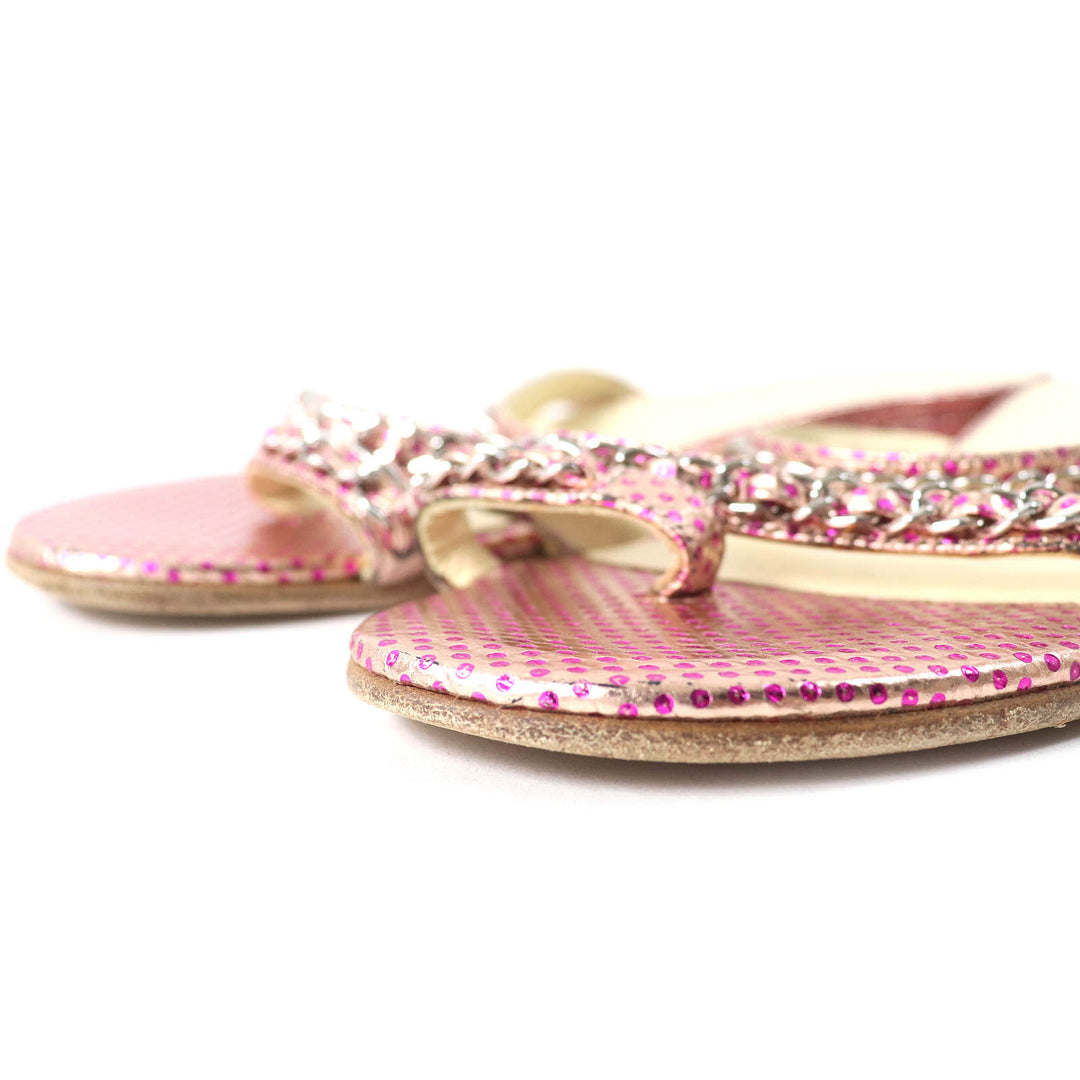 Great CHANEL Mule COCO MarkMetal Dot Pattern Chain Flat Sandals Pink Women 35.5