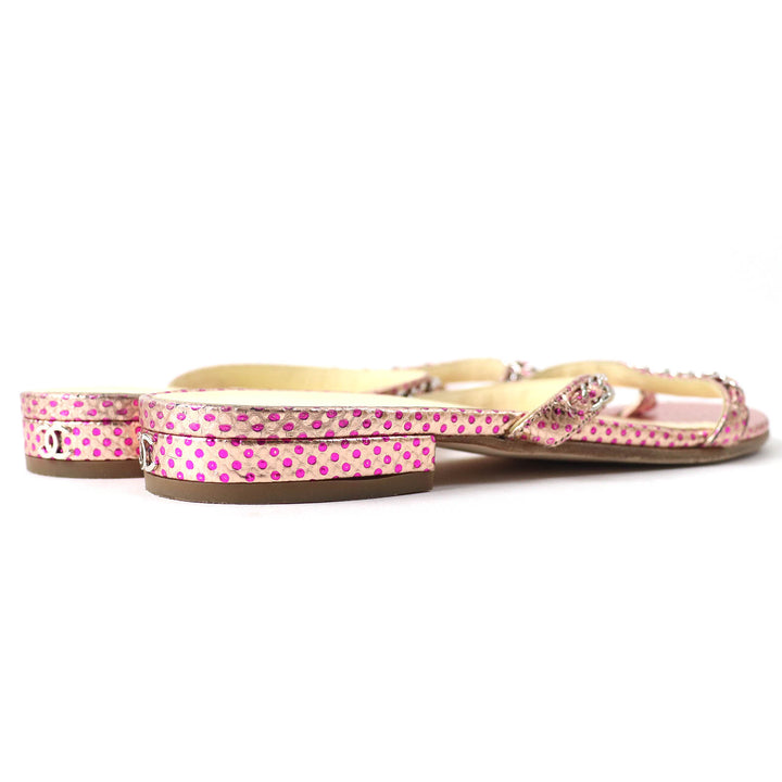 Great CHANEL Mule COCO MarkMetal Dot Pattern Chain Flat Sandals Pink Women 35.5