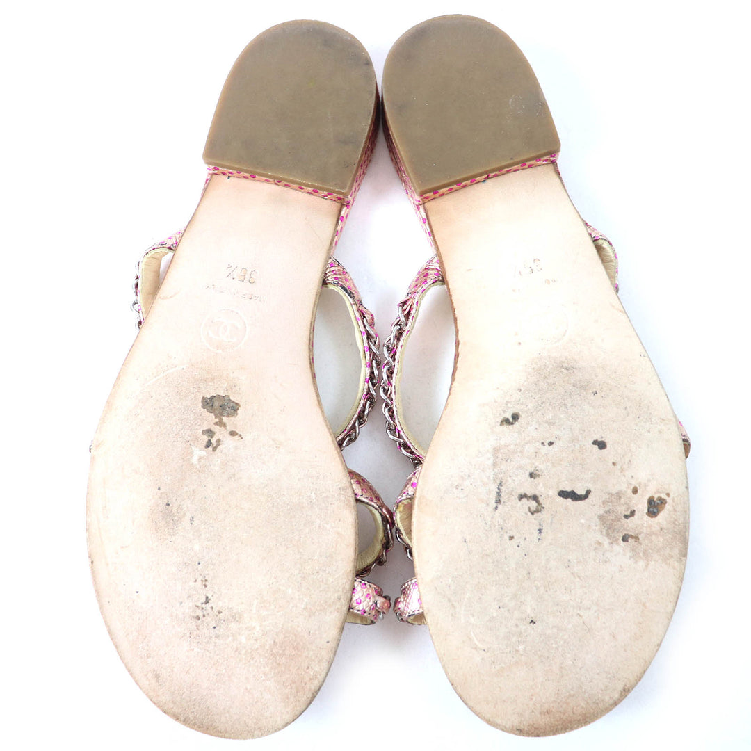 Great CHANEL Mule COCO MarkMetal Dot Pattern Chain Flat Sandals Pink Women 35.5