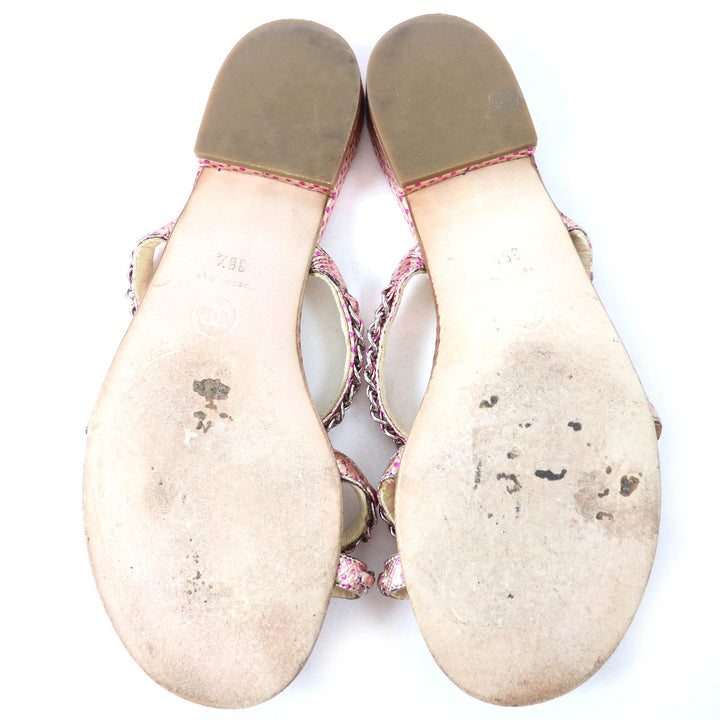 Great CHANEL Mule COCO MarkMetal Dot Pattern Chain Flat Sandals Pink Women 35.5