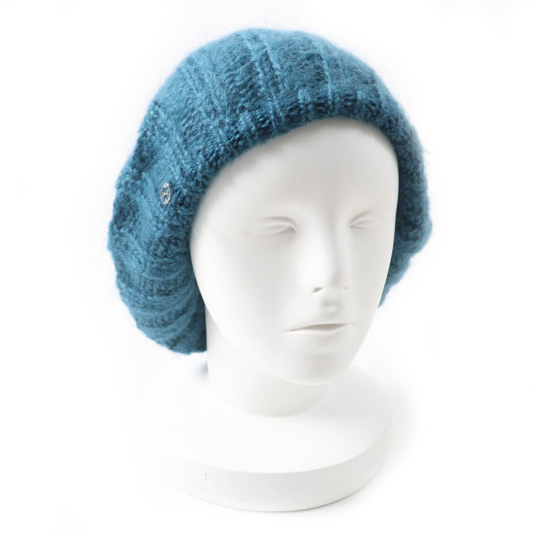 Pristine GUCCI Knit cap Interlocking GMetal knit beret / Blue mohair Women L 331985