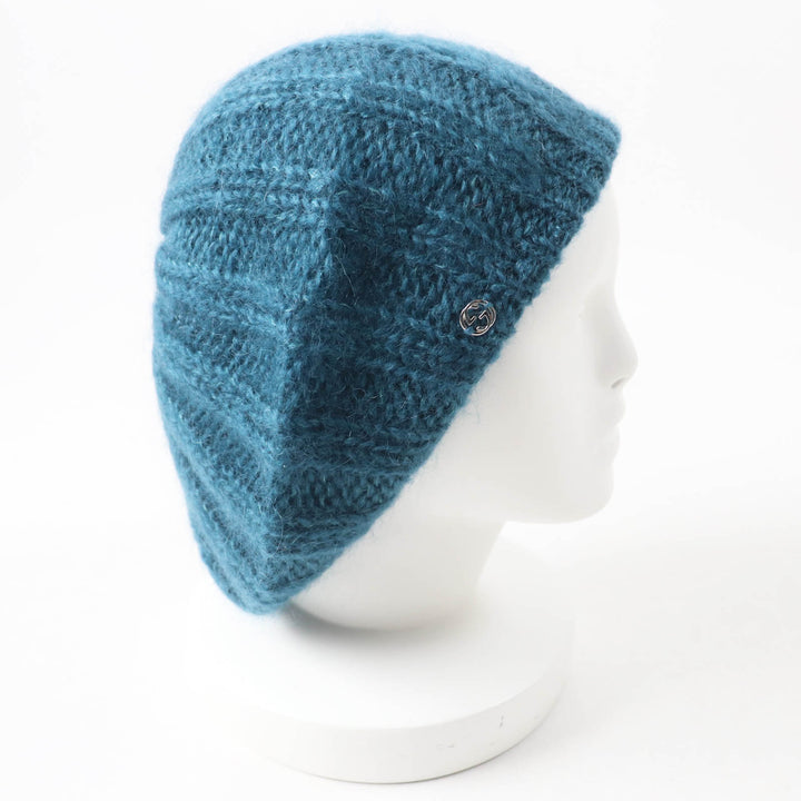 Pristine GUCCI Knit cap Interlocking GMetal knit beret / Blue mohair Women L 331985