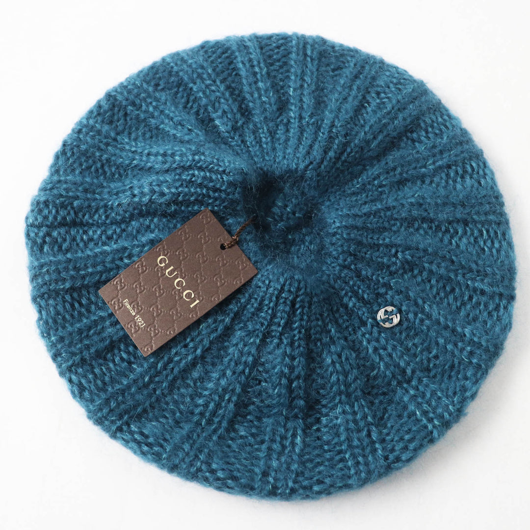 Pristine GUCCI Knit cap Interlocking GMetal knit beret / Blue mohair Women L 331985