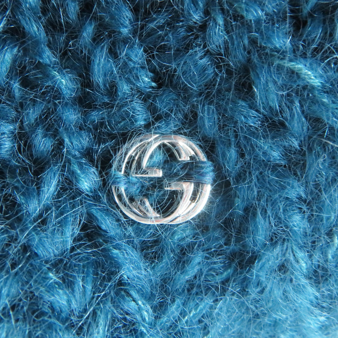 Pristine GUCCI Knit cap Interlocking GMetal knit beret / Blue mohair Women L 331985