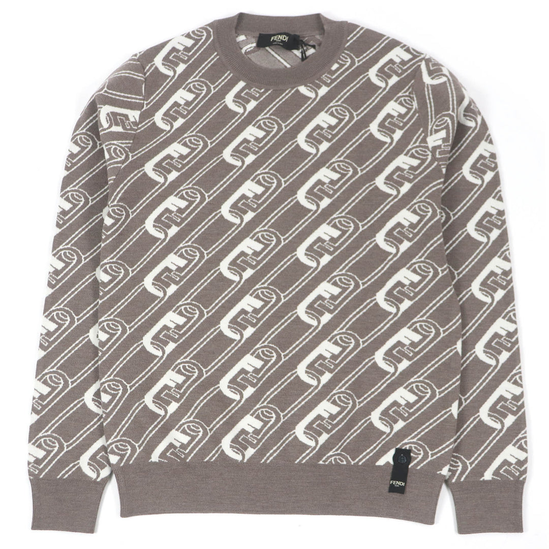 Pristine FENDI sweater FF logo Chain all-over crew neck Brown wool mens 44 FZX061