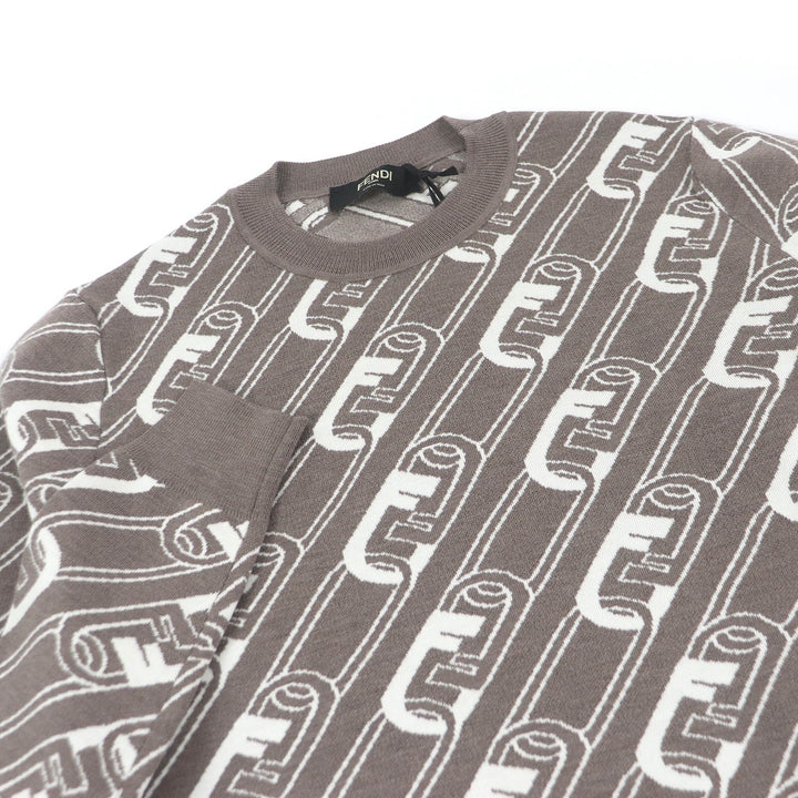 Pristine FENDI sweater FF logo Chain all-over crew neck Brown wool mens 44