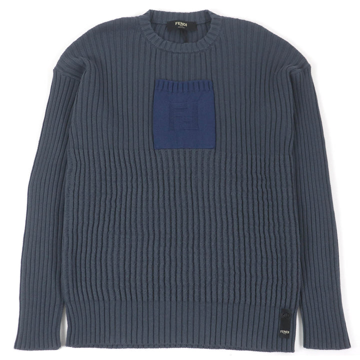 Pristine FENDI sweater FF logo pocket ribbed knit Blue gray cotton mens 50