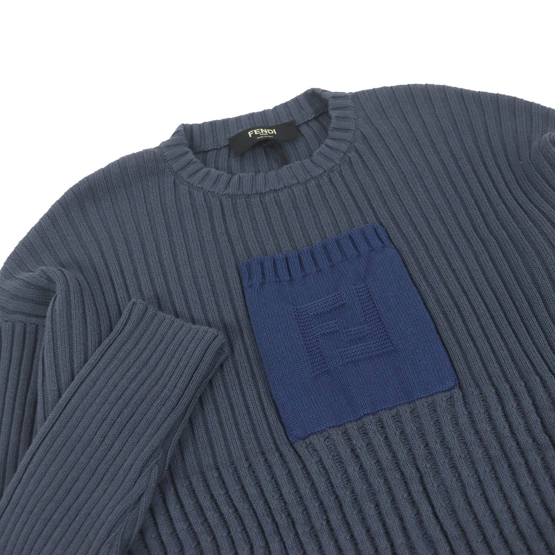 Pristine FENDI sweater FF logo pocket ribbed knit Blue gray cotton mens 50